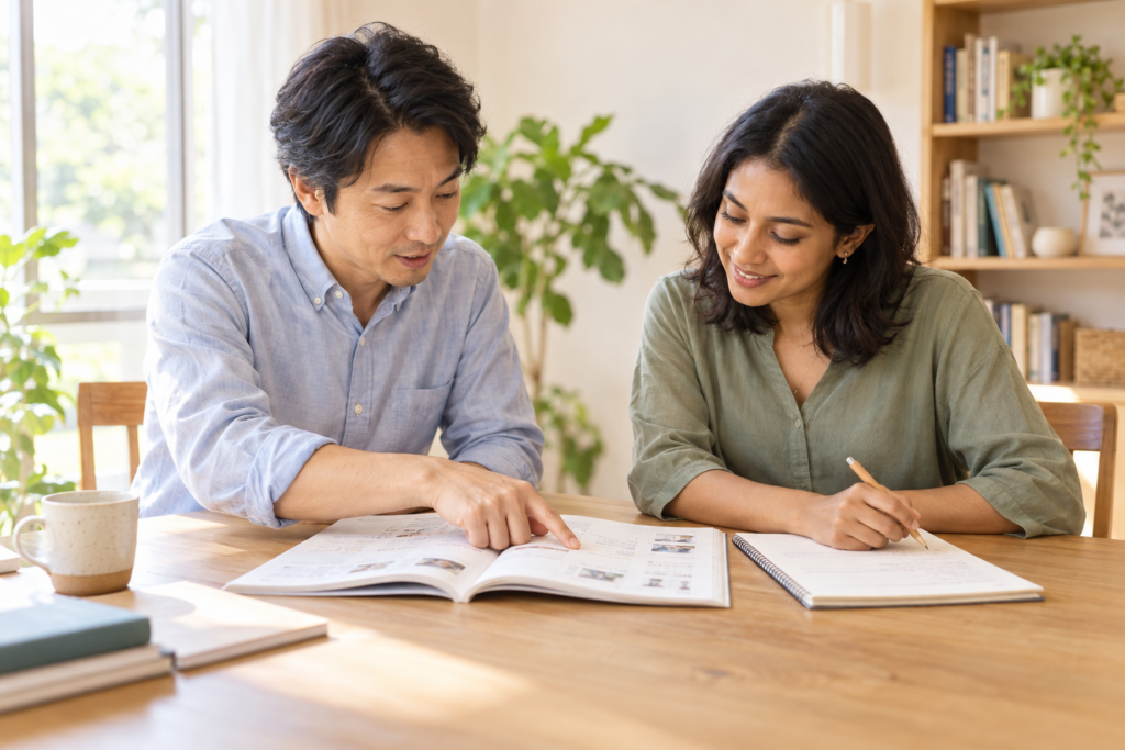 A Japanese tutor explaining a textbook exercise to an adult learner during a private lesson