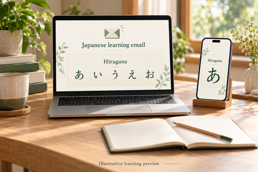 Illustration of Japanese email learning materials on a laptop and smartphone, with a notebook for self-study.