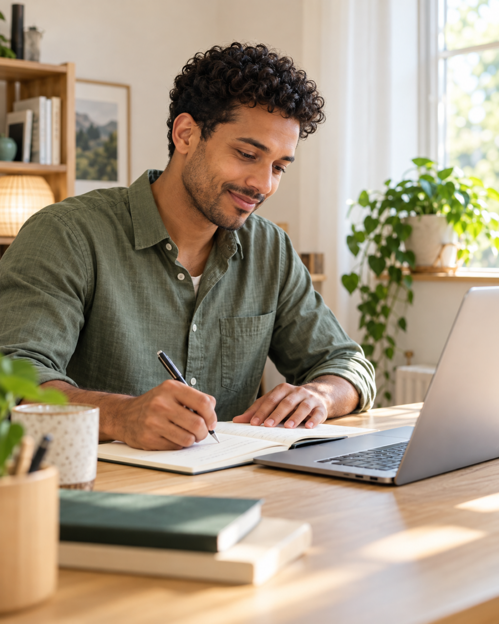 A man studying Japanese at home with a laptop and notebook.