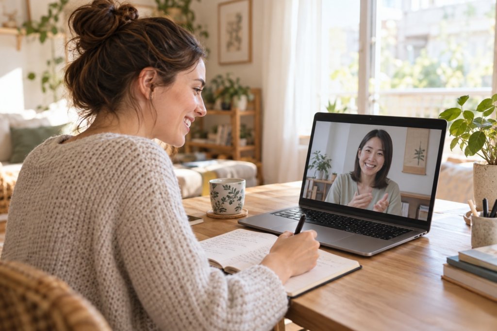 An adult learner taking an online Japanese lesson at home and writing notes